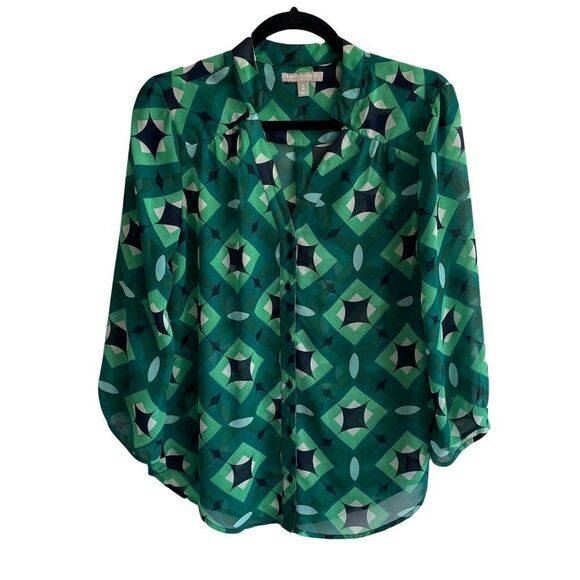 BANANA REPUBLIC Button Front Long Sleeve Blouse Geometric Print Pattern Green S - Picture 1 of 7